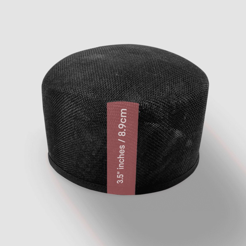Extra-large black buckram pillbox hat frame, 3.5 inches (8.9 cm) tall, ideal for millinery and hat-making projects.