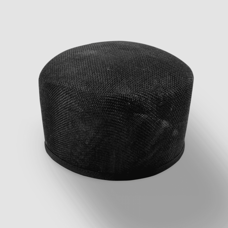 Extra-large black buckram pillbox hat frame, 3.5 inches (8.9 cm) tall, ideal for millinery and hat-making projects.