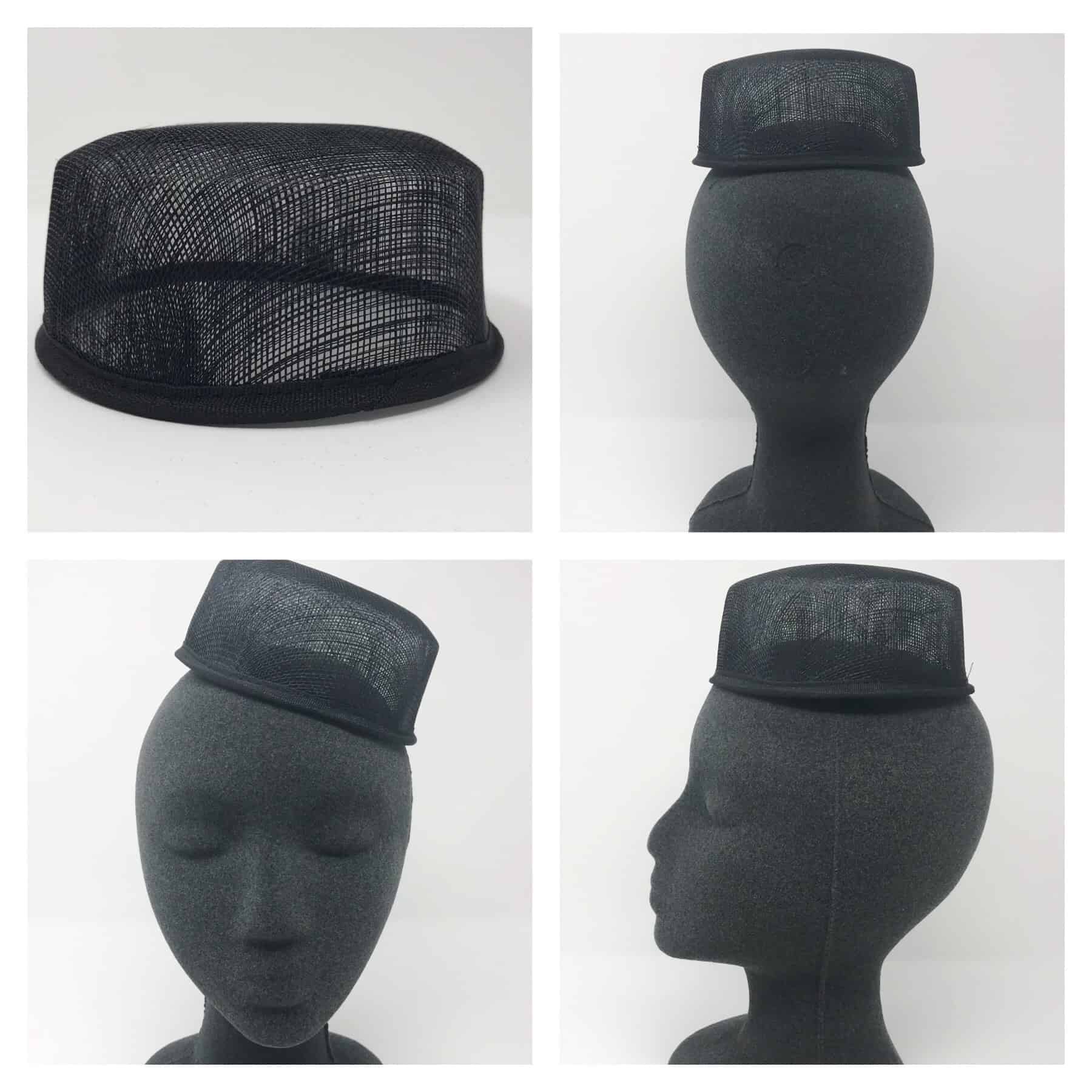 Black Pillbox with Sinamay Flowers & twists By Hats2go