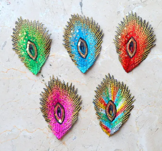 Embroidered Peacock Feather with Gold Sequins (Iron-On)