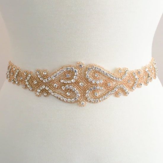 Rose Gold Champagne Peach Layla Rhinestone Belt Sash Applique