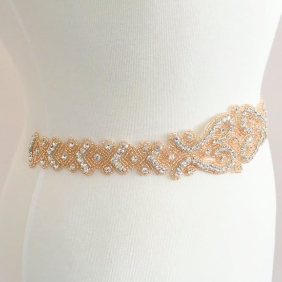 Rose Gold Champagne Peach Layla Rhinestone Belt Sash Applique