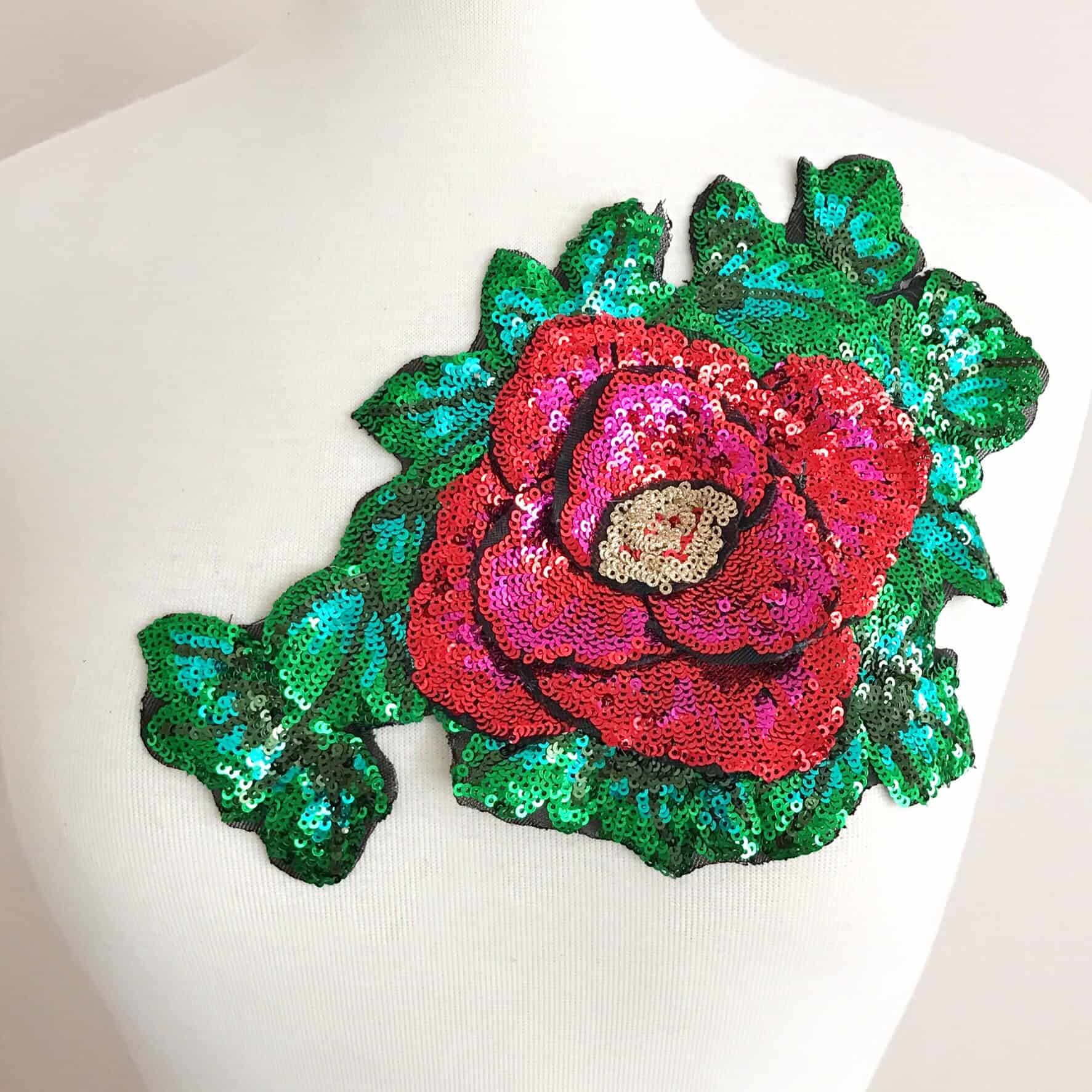 Embroidered Large Sequin Rose Patch - Shine Trim