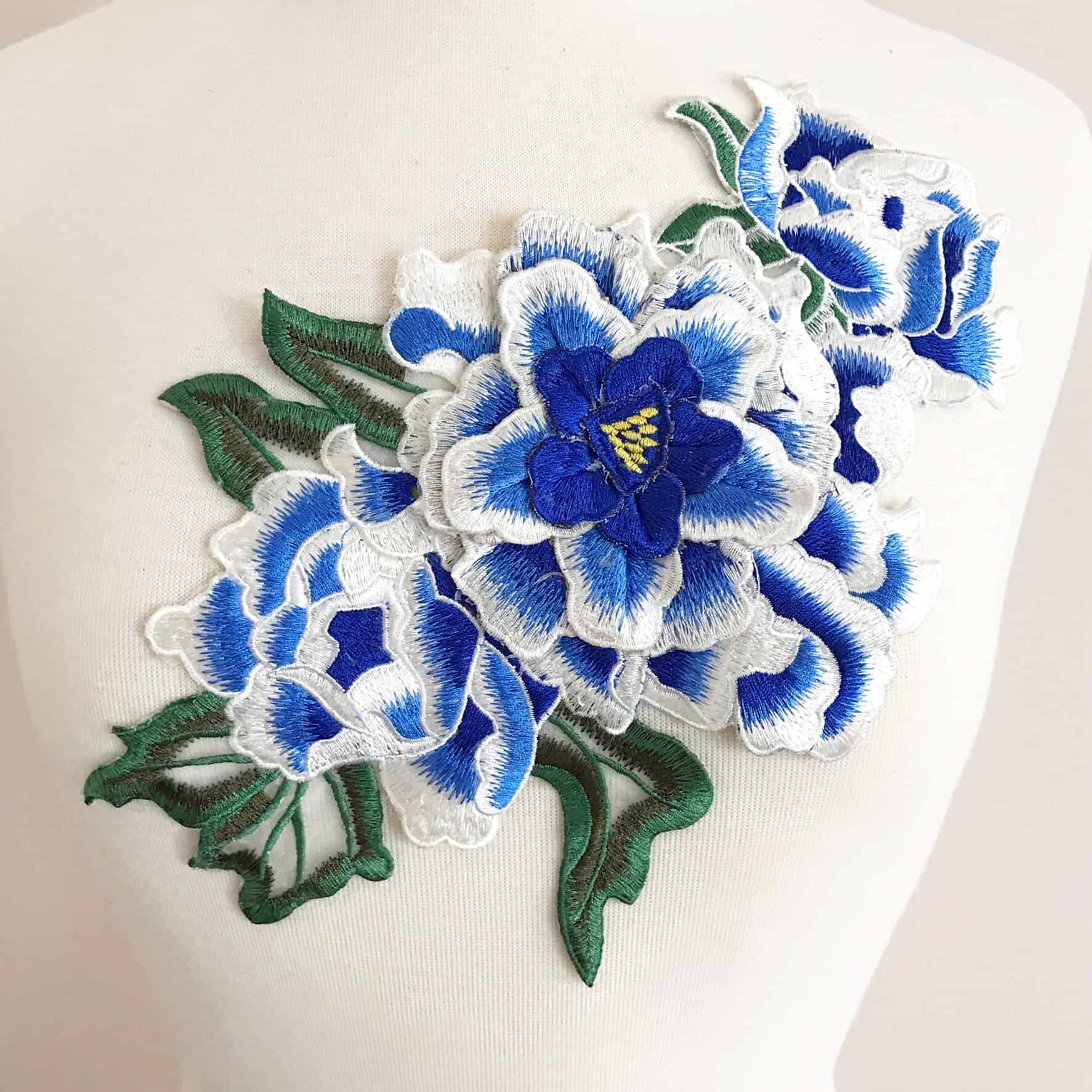 Embroidered 3D Blue and White Floral Applique - Shine Trim