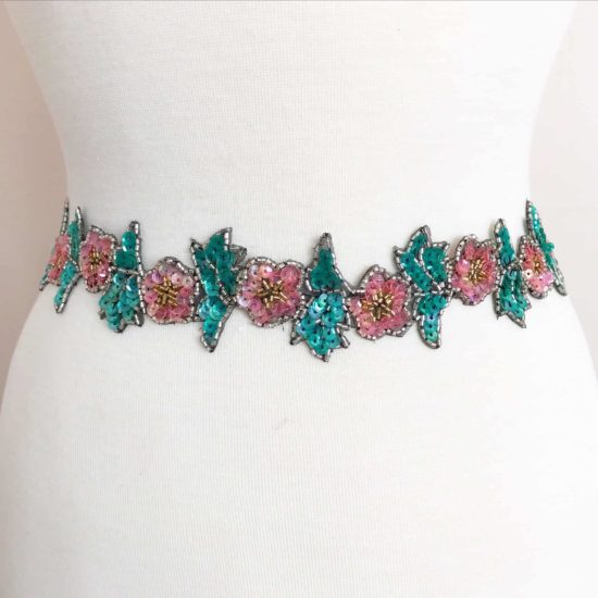 Teal Pink Floral Beaded Sequin Trim