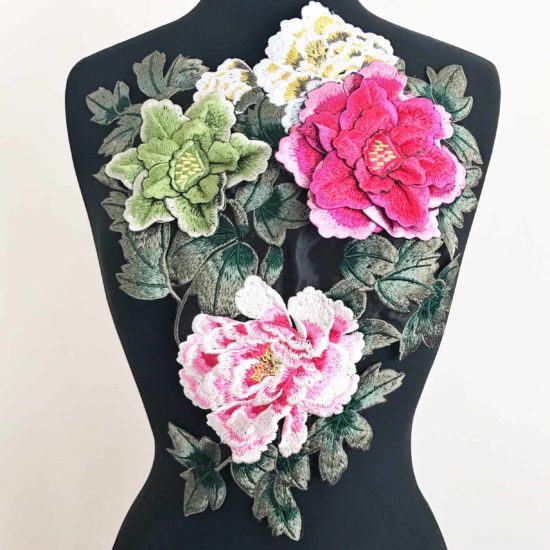 3D Floral Bouquet Embroidered Applique on Black Fabric