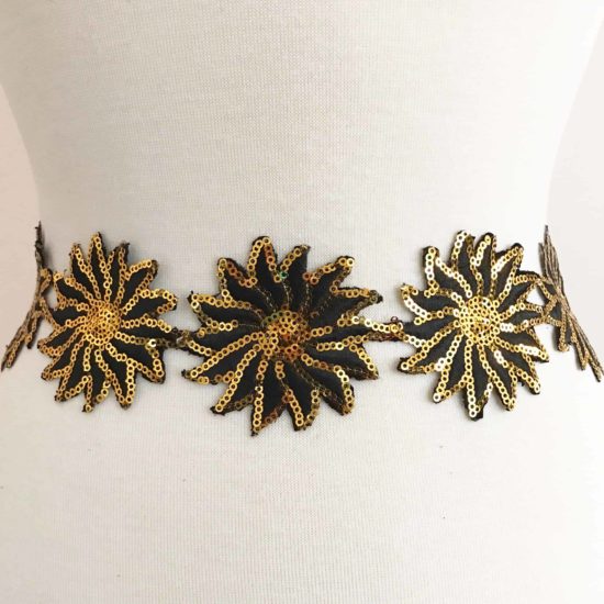 Black and Gold Sequin Embroidered Flower Trim
