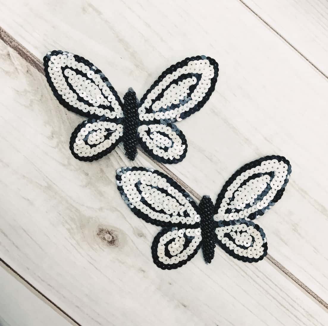 Black and Off White Sequin Butterfly Applique (Sold as set of 2) - Shine  Trim
