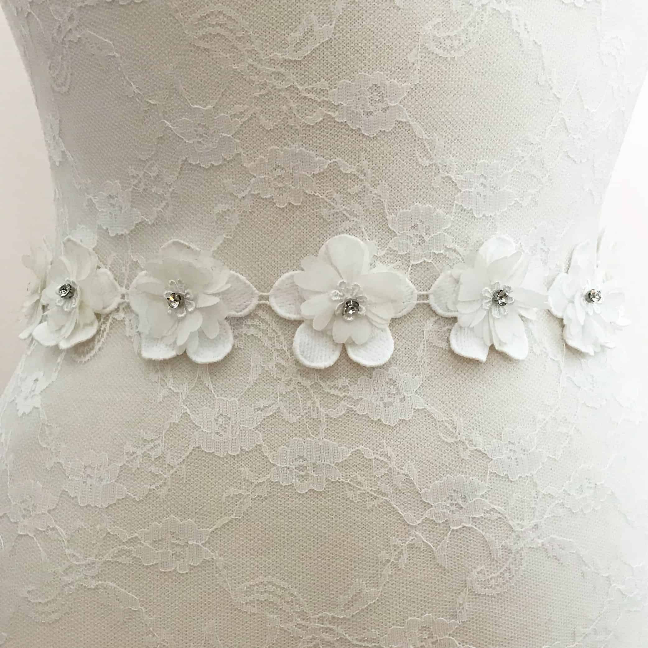 White Cotton Lace Daisy Flower Trim with Organza and Rhinestone