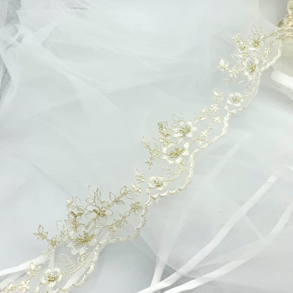 E1213 JOYOUS1 Joyous Ivory Gold Scallop Re Embroidered Floral Lace Trim