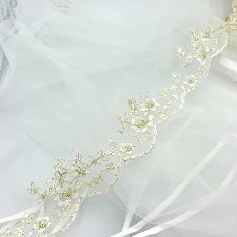 E1213 JOYOUS1 Joyous Ivory Gold Scallop Re Embroidered Floral Lace Trim