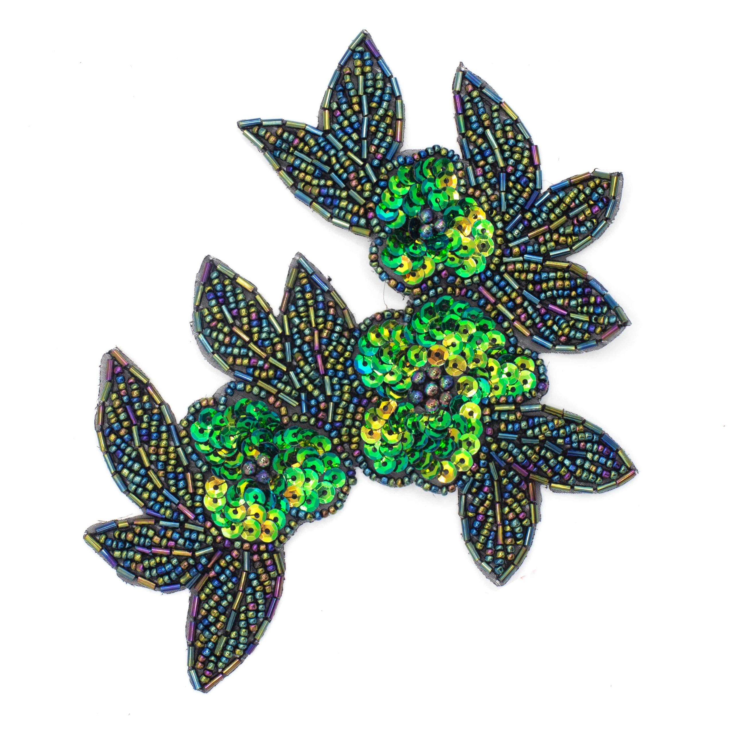 Three Flowers with Leaves Bead Sequin Applique - Shine Trim