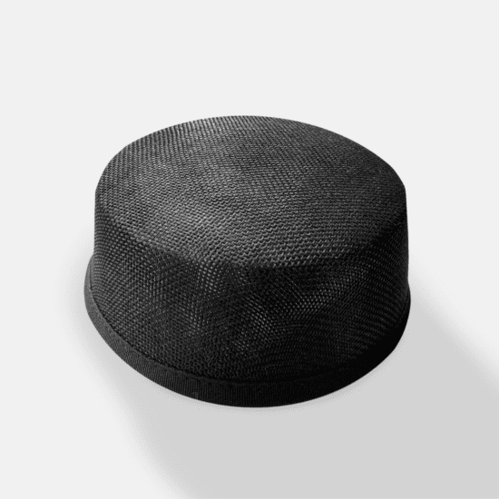 Black Buckram Pillbox Hat Base for Millinery 2" height Buckram Pillbox hat base at Shinetrim, New Jersey's premier trim store, perfect for costumes, evening wear, and millinery projects.