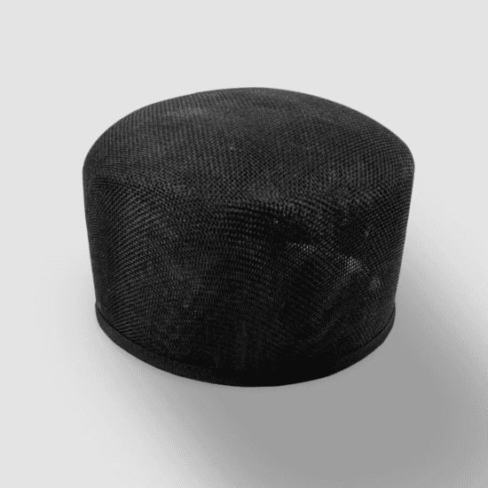 Extra-large black buckram pillbox hat frame, 3.5 inches (8.9 cm) tall, ideal for millinery and hat-making projects.
