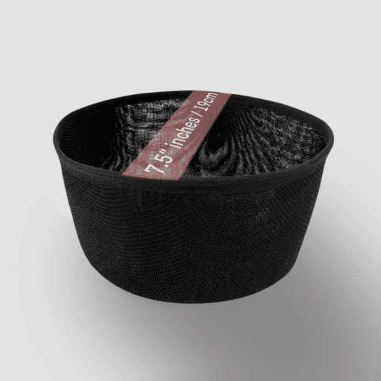 Extra-large black buckram pillbox hat frame, 3.5 inches (8.9 cm) tall, ideal for millinery and hat-making projects.